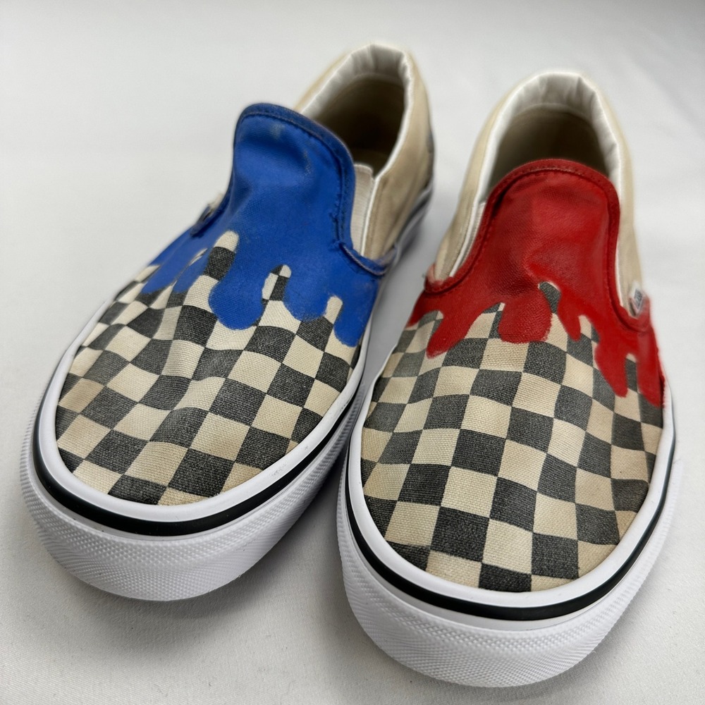Vans Slip On Custom Drip Checkerboard Shoes Mens 7.5 Womens 9 Red Blue Cream
